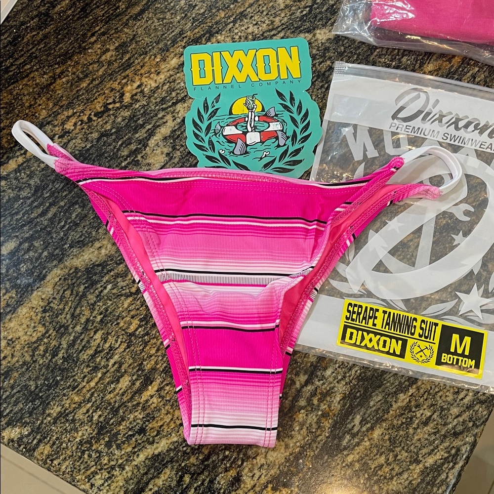 Dixxon Swim Womens M pink, black, white Tanning Swimsuit Bikini Bottoms + decals